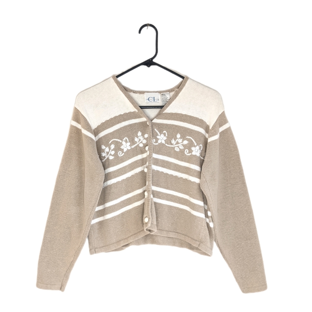 Vintage 90s Grunge Cropped Beige & Cream Knit Cardigan